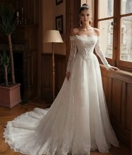 Vintage Lace Off Shoulder Wedding Dress with Long Sleeves Pearls Beaded Corset