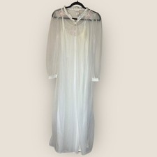 Vintage 1970s Kalz Sheer Nylon Nightgown & Robe Set White Floral Appliqué USA
