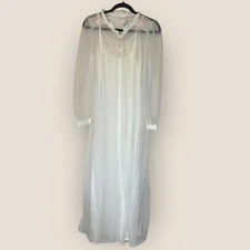 Vintage 1970s Kalz Sheer Nylon Nightgown & Robe Set White Floral Appliqué USA