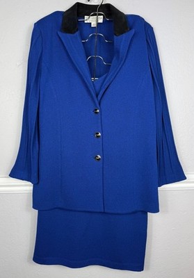 St John Collection 3pc Royal Blue Knit Blend Padded Blazer Skirt Top Size 12 M