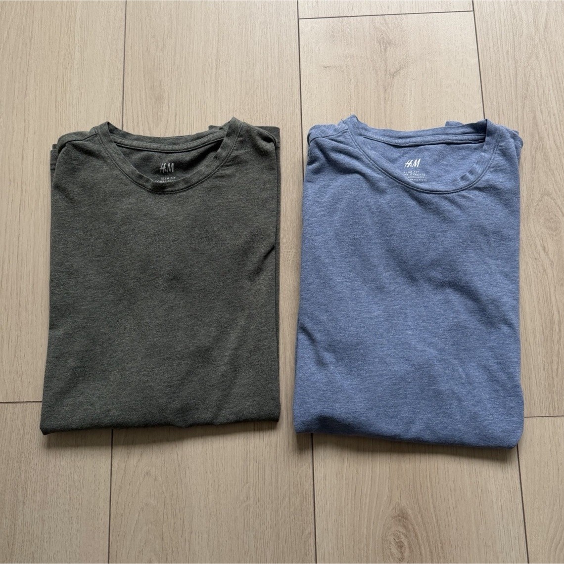 2pcs H&M Men's Long Sleeve Slim Fit Green&Blue Cotton Jersey Crew T-Shirt Size S