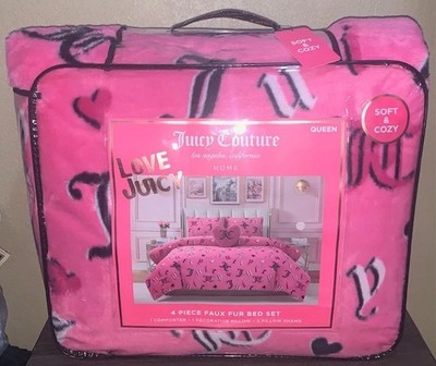 Juicy Couture Pink Plush Faux Fur Logos & Hearts Print 4pc QUEEN Comforter Set