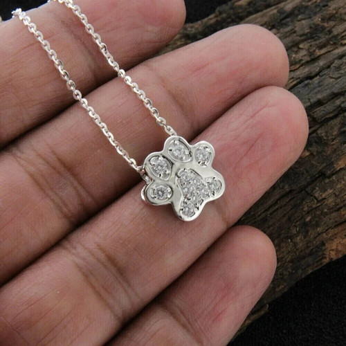 0.15Ct Natural Moissanite Paw Print Pendant Necklace in White Gold Plated Silver