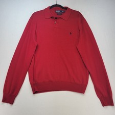 Polo Ralph Lauren Sweater Mens L Red Merino Wool Polo Collar Long Sleeve