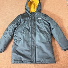 Timberland Boys Black Winter Parka Hooded Jacket Yellow Fleece Lining Sz L 14/16