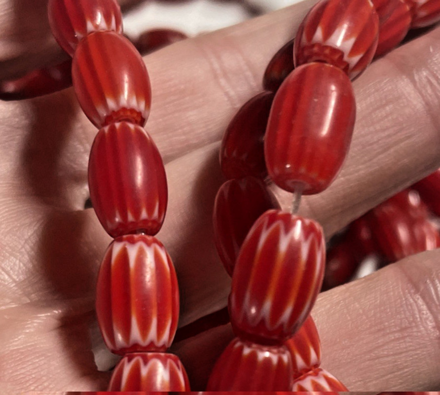 Red 6-Layer Oval Chevron Glass Beads, Approx. 33 Beads and 8mm x 12mm