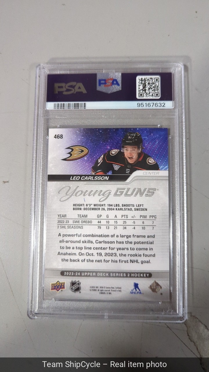 2023 Upper Deck Young Guns Speckled Rainbow Foil Leo Carlsson PSA 9 RC 4 G2U view 6