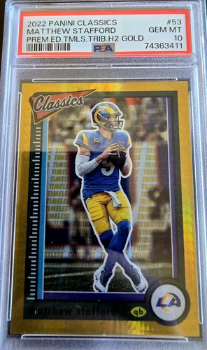 2022 Panini Classics #53 Matthew Stafford Timeless Tributes Gold /99 PSA GMT 10