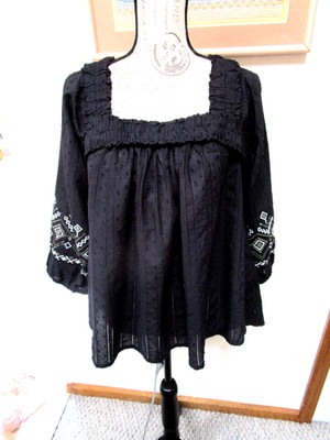 CUPIO-BLACK-GEO-EMBROIDERED-SQUARE NECK-3/4- SLEEVE-BLOUSE-SIZE-XL-NEW-