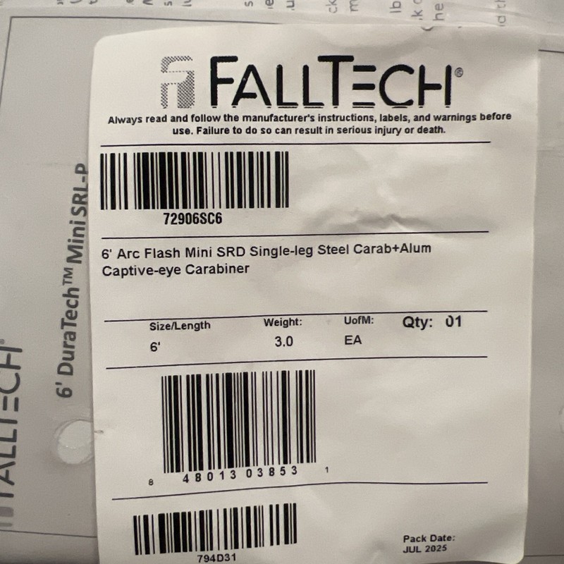 FallTech 72906SC6 6' Arc Flash Mini SRD Single-leg, Steel Carabiner