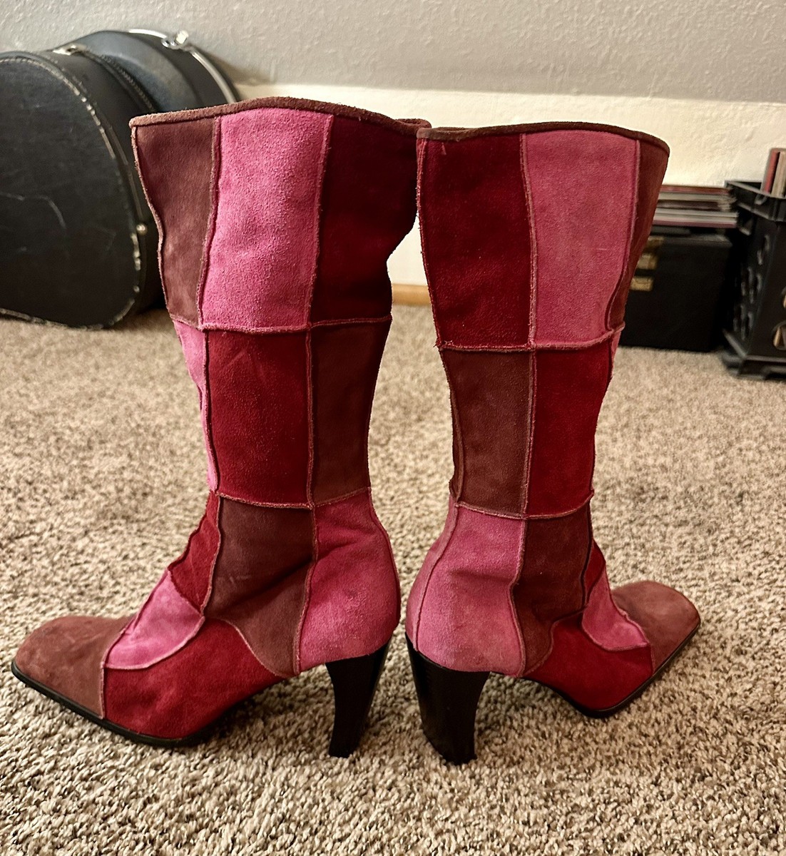 Vintage Patchwork Suede Knee High Boots Pink Mod 60's Y2K Size 7