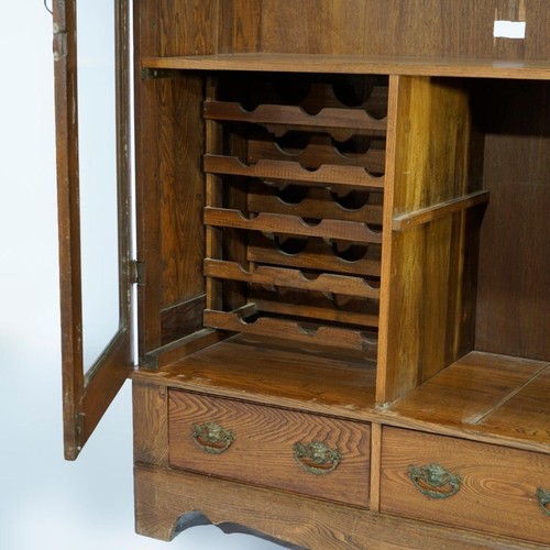 Antique Carved Oak Double Door Bookcase with Wine Rack c1920 - Picture 5 of 20