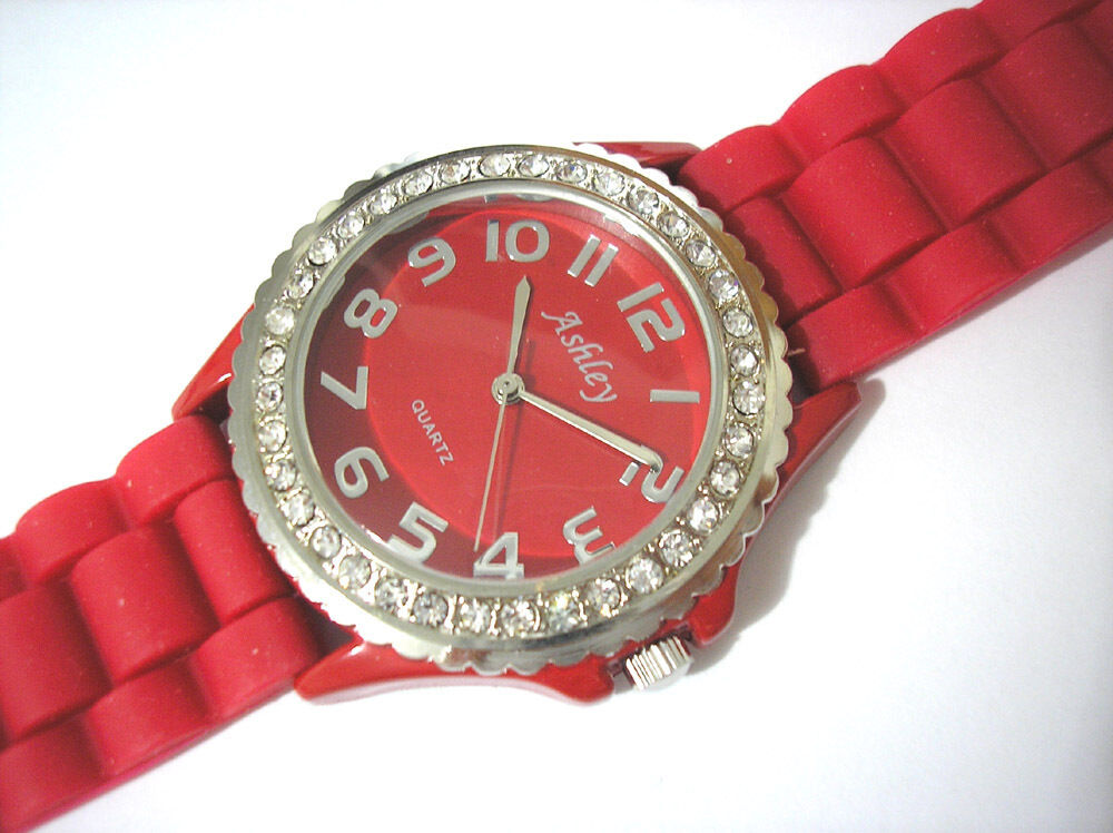 Ashley Princess Red Rubber Band Ladies & Girls Watch w Crystals