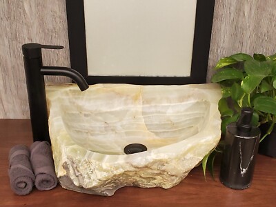 Beige, Grey, and Green Onyx Vessel Bathroom Sink, 21 x 16 inch Stone Sink