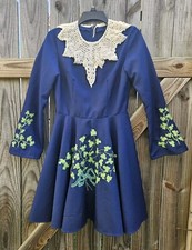 Vintage Handmade Navy/ Green Shamrock Embroidered Irish Step Solo Dance Dress S