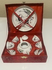 Vintage Chinese 9 Piece Miniature Tea Set in Red Silk Box