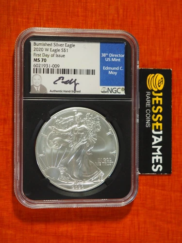 2020 W BURNISHED SILVER EAGLE NGC MS70 FIRST DAY OF ISSUE FDI EDMUND MOY SIGNED