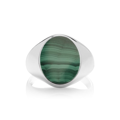925 Sterling Silver Rhodium Plated Oval Malachite Signet Ring - Picture 4 of 4