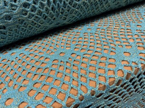 Metallic Crochet Knitwear Jersey Fabric, Per Metre - Turquoise With gold Lurex - Picture 1 of 3