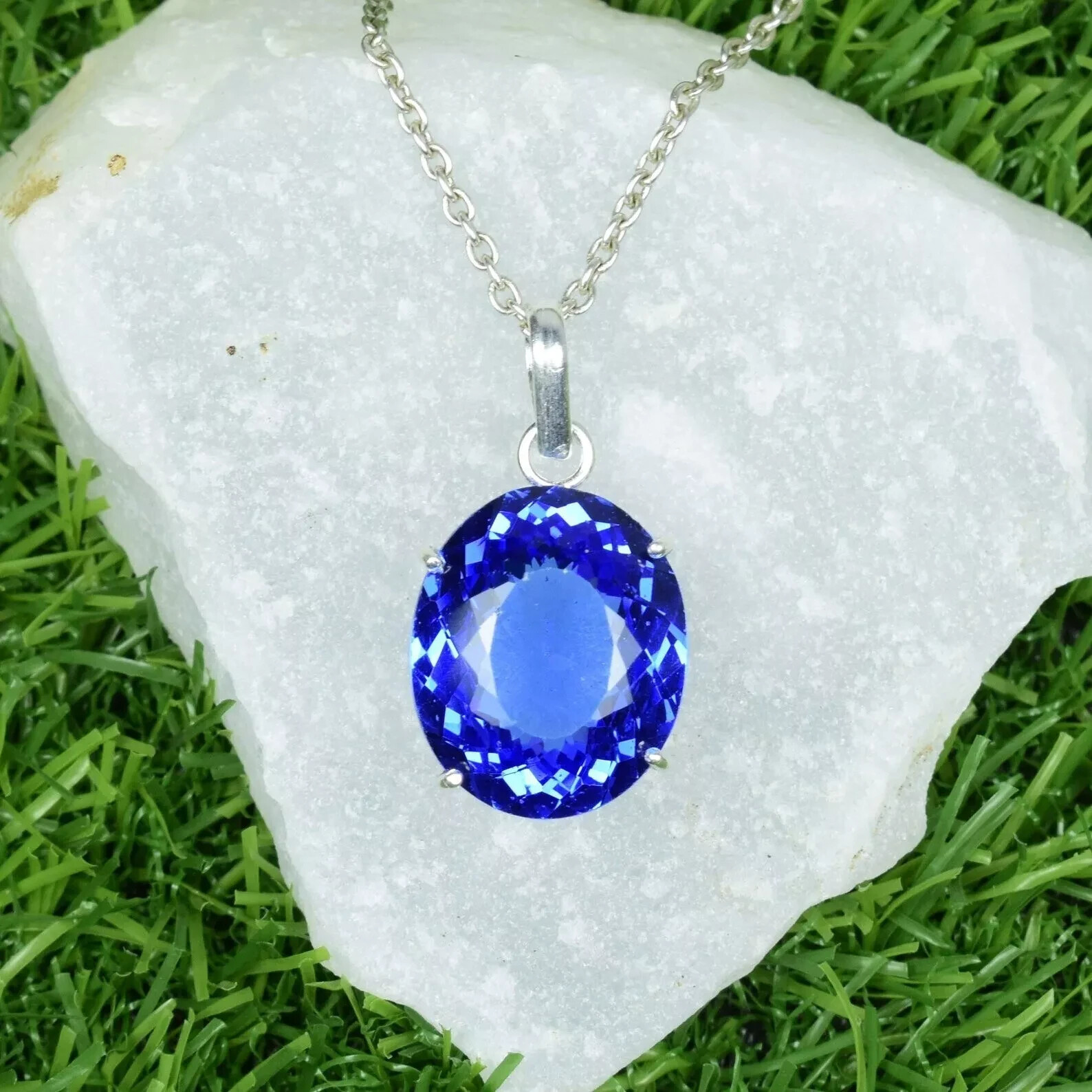 Natural Blue Tanzanite Pendant 30.62 Ct+ With Chain Oval Cut 925 Silver HG Gems