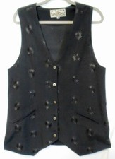 Vtg American Trendsetter Black Embroidered Hip Long Vest MOP Buttons-USA Made-M