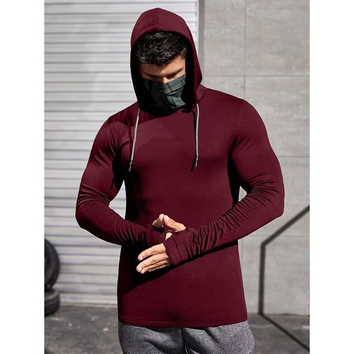Camisa transpirable deportiva informal con capucha manga larga color sólido para hombre - Imagen 9 de 29