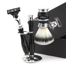 3 Edge Razor and Synthetic Brush Stand 3 PCS Shaving Set in Black For Men's