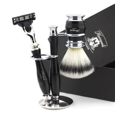3 Edge Razor and Synthetic Brush Stand 3 PCS Shaving Set in Black For Men's 