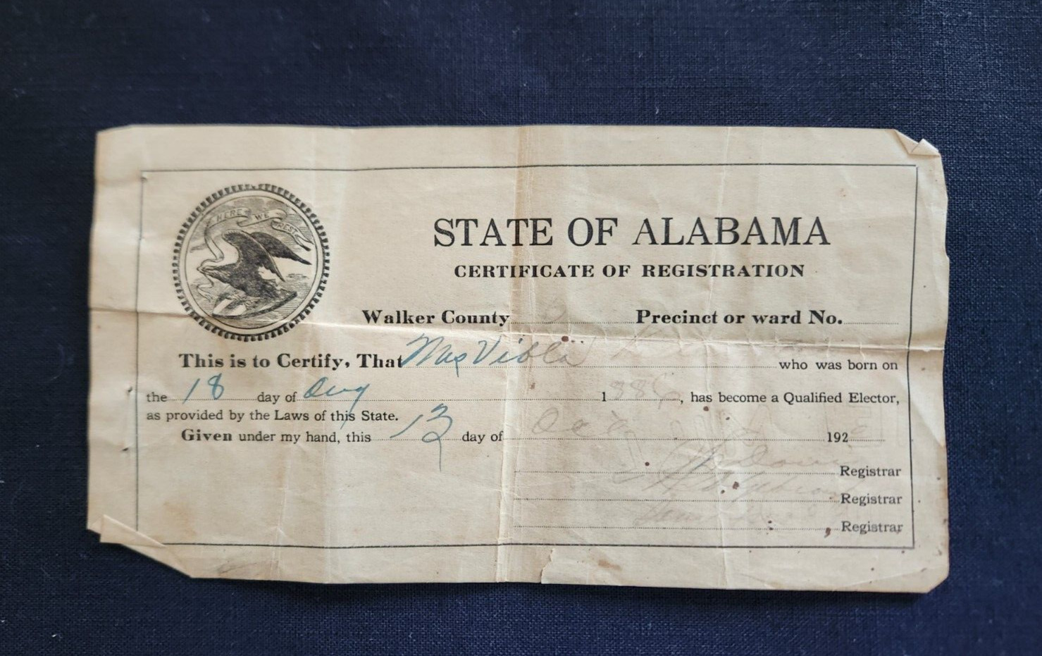 1920 Alabama Certificate Of Elector / Voter Registration Walker County