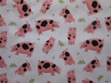 PIGS PIGLETS FLOWERS PINK WHITE COTTON FABRIC FQ