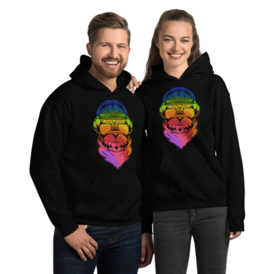 Rainbow Pug Animal Hoodie, Cool Graphic Print Long Sleeve Pullover Hoodie
