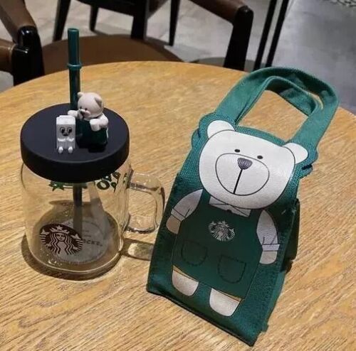 Starbucks China Mason Straw Cups 16oz Bear Glass Cup With Green Canvas Carry Bag - Bild 2 von 8