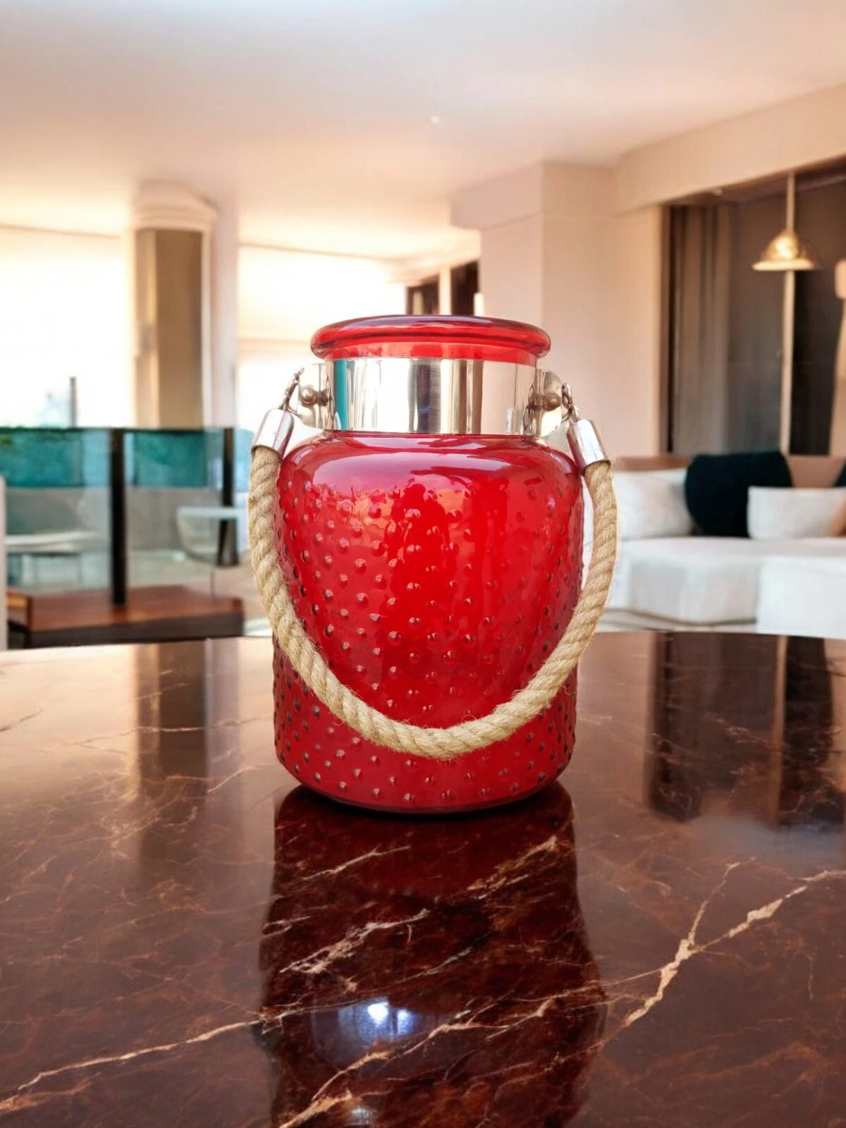 8.50" H Red Glass Jar In Embossed Design With Hanging Jute Rope