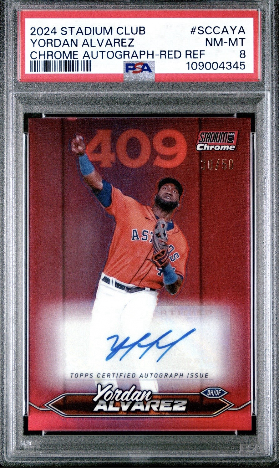 2024 Yordan Alvarez Topps Stadium Club Chrome Red Refractor Auto 30/50 PSA 8 view 1