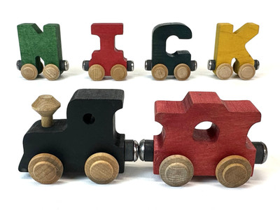 Maple Landmark Name Trains 6pc Set: Engine & Caboose Multicolor Letters: ''NICK''