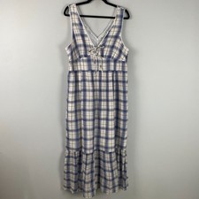 American Eagle AE Tie-Front Midi Dress Size XL Pockets Blue Plaid Lace Trim