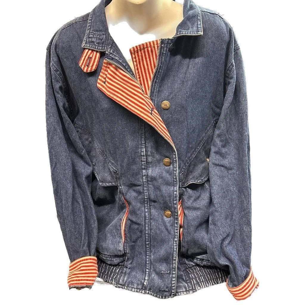 Vintage Nancy Heller Made in USA Denim Jacket with Red Striped Lining and Cuffs