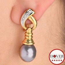 Estate Diamond 11mm Tahitian Pearl 18K Yellow Gold Drop Earrings 14.1 Grams NR
