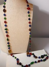 Vintage Multicolor Long Poured Art Glass Bead Necklace 46 Hand-Wired Art Deco