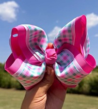 Girls 6in Handmade Plaid Ribbon Hair Bow, Pin...