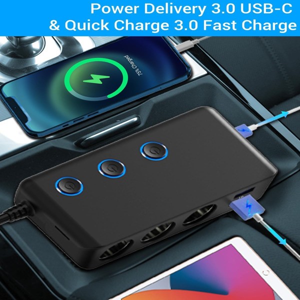 Car Charger Splitter 200W 3 Socket Cigarette Lighter Adapter with PD30W USB-C Mu