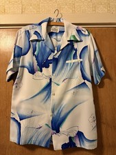 Vtg 60s Malihini Aloha Shirt M Blue Watercolor Hibiscus Floral Made in Hawaii