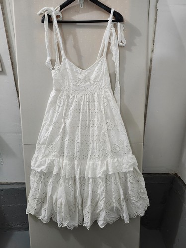 Love Shack Fancy Dress Womens 0 White Antonella Shoulder Tie Flare Tier Eyelet