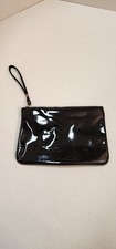 Vintage Black Shiny Vinyl clutch purse with wrist strap read see