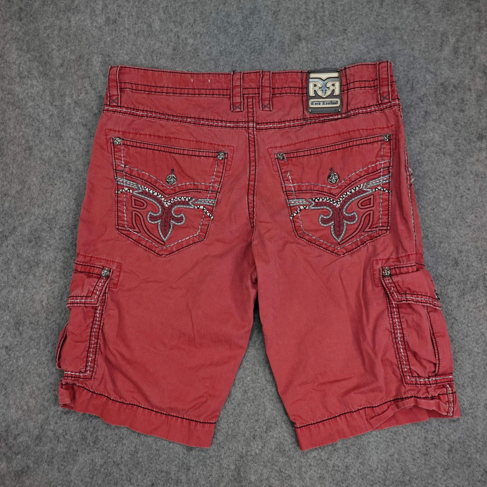 Rock Revival Cargo Shorts Mens 40 Red Classic Fit Embroidered Pockets 12" Jeans