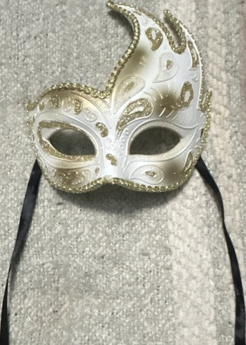 White Gold Venetian Masquerade Adjustable Eyemask with Ribbon Ties