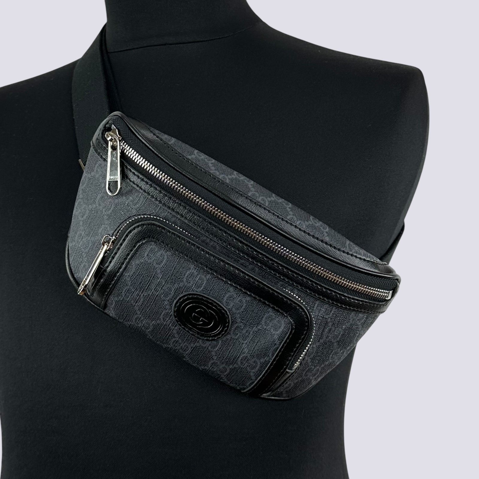 Borsa Gucci GG Monogram ad incastro G tela pelle tracolla cintura nera 682933