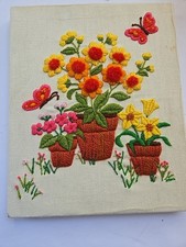 Vintage Finished Crewel Embroidery Flower Floral 1970s Butterfly 8 x 10"