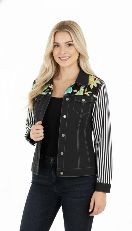 Koos Of course Women’s Black Silk Jacket Top Size M Floral Striped Casual Travel - Image 4 of 4