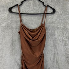 Windsor Brown Cowl Neck Ruched Maxi Dress Front Slit Small Chic Sleek Bodycon